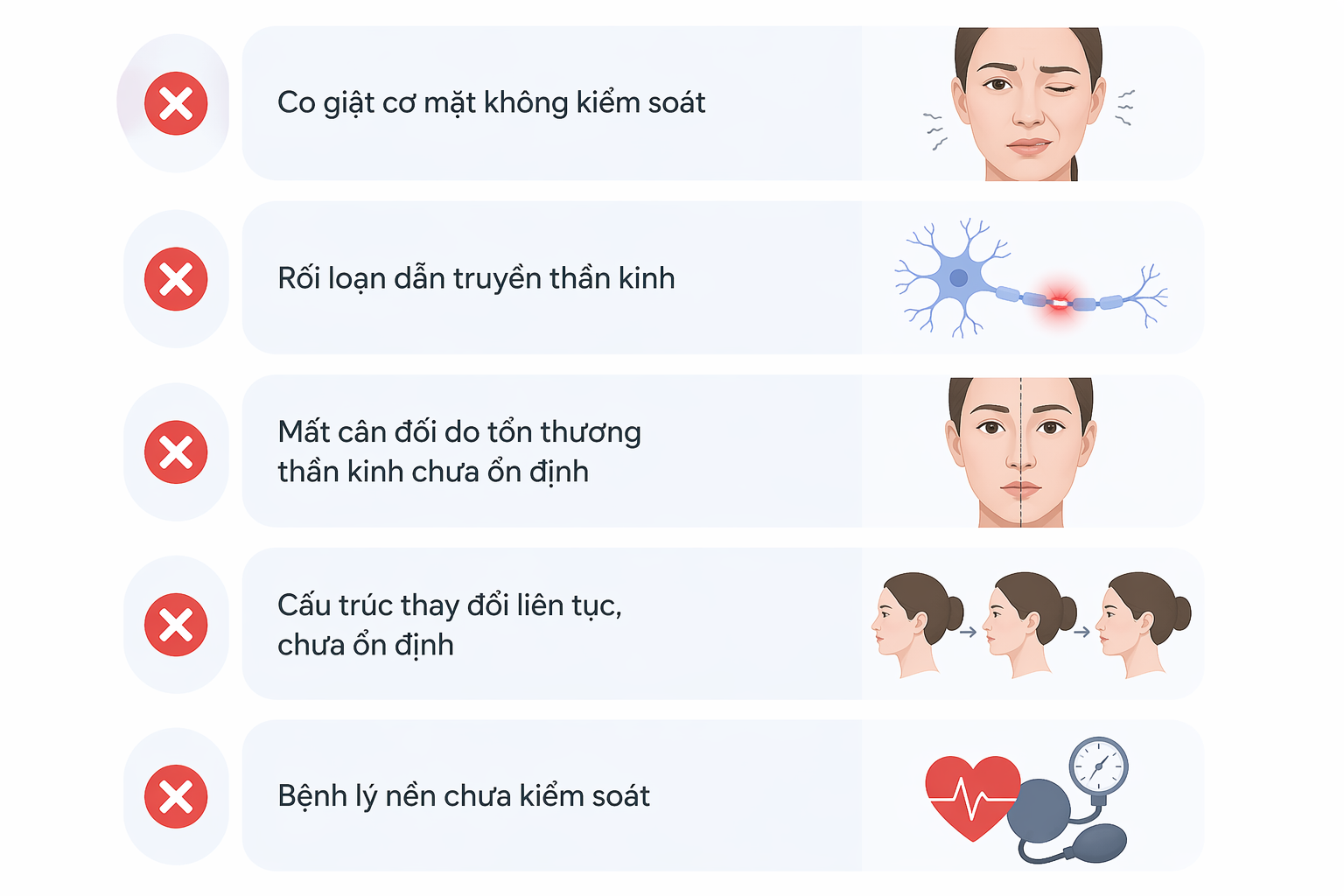 ảnh mô tả các Trường hợp cần thận trọng hoặc không nên phẫu thuật thẩm mỹ khi bị vấn đề thần kinh